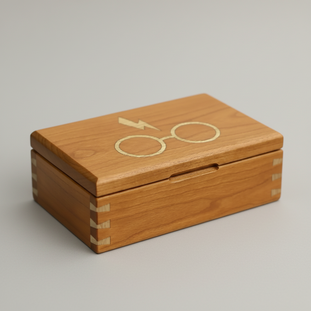 wooden jewelry box with harry potter inspired lightning bolt and glasses made of cherry and maple